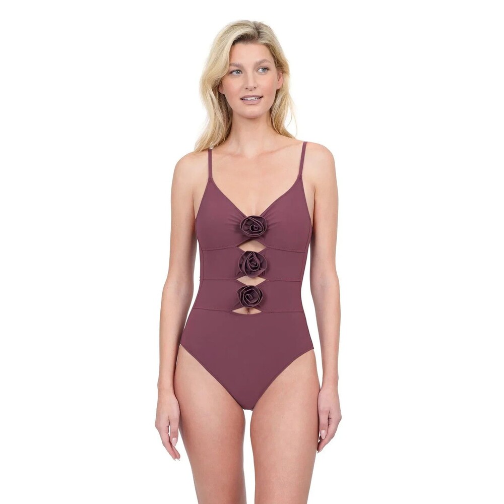Gottex Essentials Rose Bud V Neck Cut Out One Piece Swimsuit Mauve Sz 12 NWT